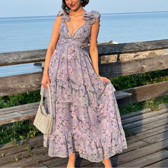 Mac Duggal Dresses & Skirts - Mac Duggal Purple Floral Bohemian Floral Tie Back Open Cut Out Midi Dress 4 NWT